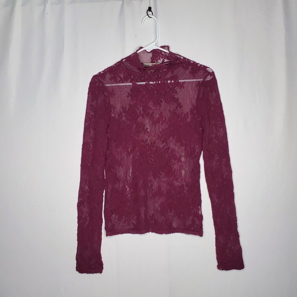 Express One Eleven Sheer Lace Mock Neck Top Women Small Burgundy Long‎ Sleeve